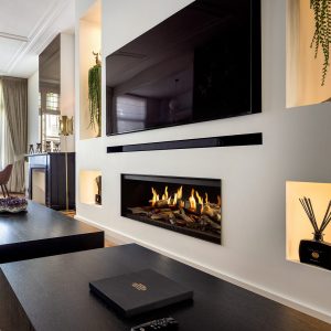 media wall featuring the kalfire e-one holographic electric fire - one of the best electric fires for a media wall in 2026