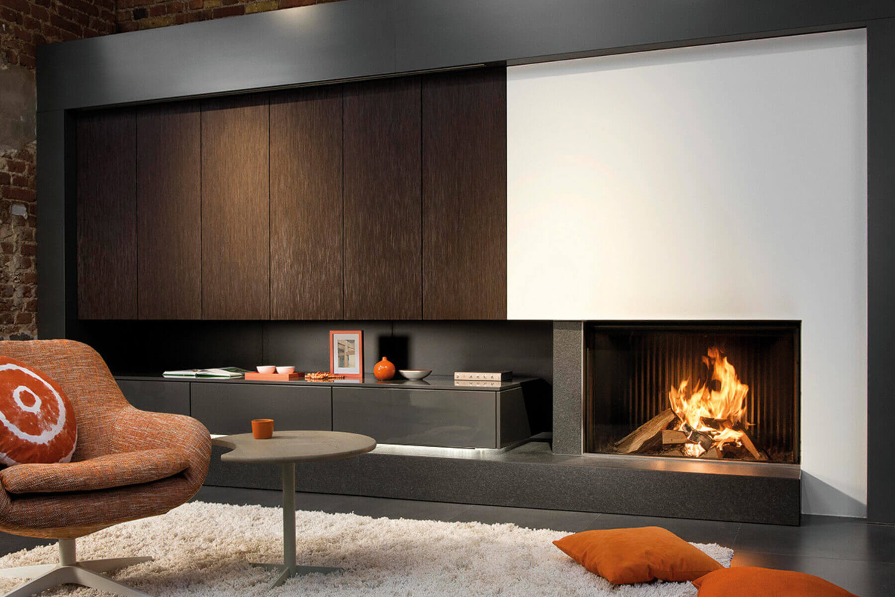 Kalfire W100/61F inset wood-burning stove with cabinetry